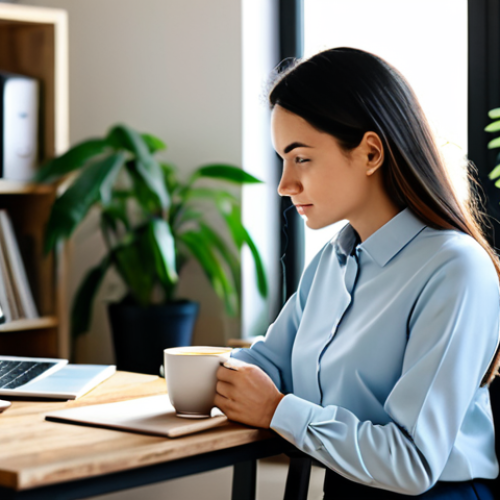 Home 14 A professional female content creator, wearing a modest, stylish long-sleeved shirt and smart trousers, sitting comfortably at a minimalist wooden desk in a sunlit home office. She is holding a branded coffee mug, looking thoughtfully at her laptop screen, which displays a content draft or analytics. The background features a blurred bookshelf and a potted plant, creating a warm, inviting atmosphere. The image emphasizes authenticity and focus. fully clothed, appropriate attire, safe for work, perfect anatomy, natural proportions, well-formed hands, natural body proportions, professional dress, high quality, modest content, appropriate content.