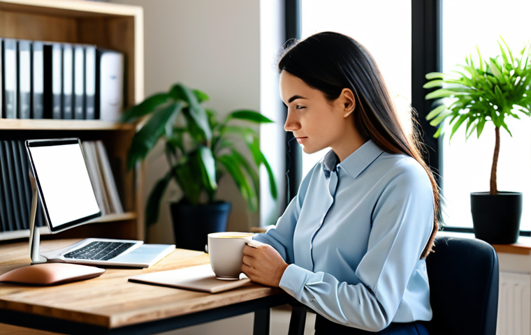 A professional female content creator, wearing a modest, stylish long-sleeved shirt and smart trousers, sitting comfortably at a minimalist wooden desk in a sunlit home office. She is holding a branded coffee mug, looking thoughtfully at her laptop screen, which displays a content draft or analytics. The background features a blurred bookshelf and a potted plant, creating a warm, inviting atmosphere. The image emphasizes authenticity and focus. fully clothed, appropriate attire, safe for work, perfect anatomy, natural proportions, well-formed hands, natural body proportions, professional dress, high quality, modest content, appropriate content.