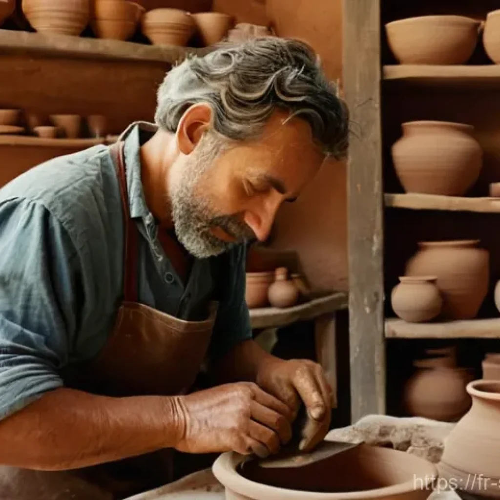 디지털 스토리텔링에서의 신뢰 구축하기 - **Authentic Artisan's Workshop in Provence:** A close-up shot of a French ceramist in their rustic, ...