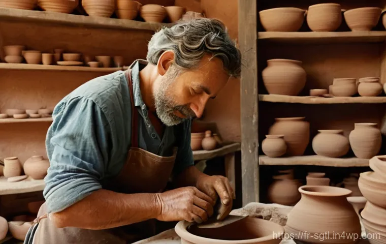 디지털 스토리텔링에서의 신뢰 구축하기 - **Authentic Artisan's Workshop in Provence:** A close-up shot of a French ceramist in their rustic, ...