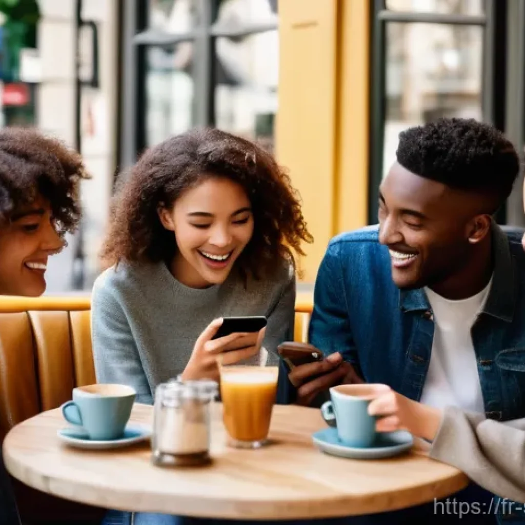 디지털 스토리의 사회적 영향 분석하기 - A vibrant scene featuring a diverse group of young adults, aged 18-25, enjoying time together in a c...