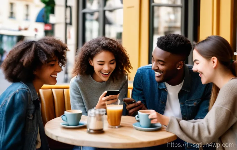 디지털 스토리의 사회적 영향 분석하기 - A vibrant scene featuring a diverse group of young adults, aged 18-25, enjoying time together in a c...