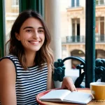 디지털 스토리의 목표 달성을 위한 기법 - **"Authentic Connection in a Parisian Cafe"**
    A warm, inviting close-up portrait of a woman in h...