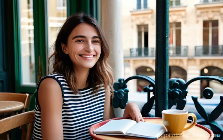 디지털 스토리의 목표 달성을 위한 기법 - **"Authentic Connection in a Parisian Cafe"**
    A warm, inviting close-up portrait of a woman in h...