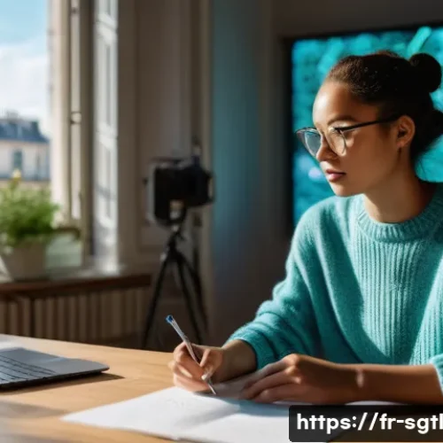 디지털 스토리텔링의 미래 전망 - A young writer, gender-neutral, in a stylish, comfortable sweater and jeans, sits thoughtfully at a ...