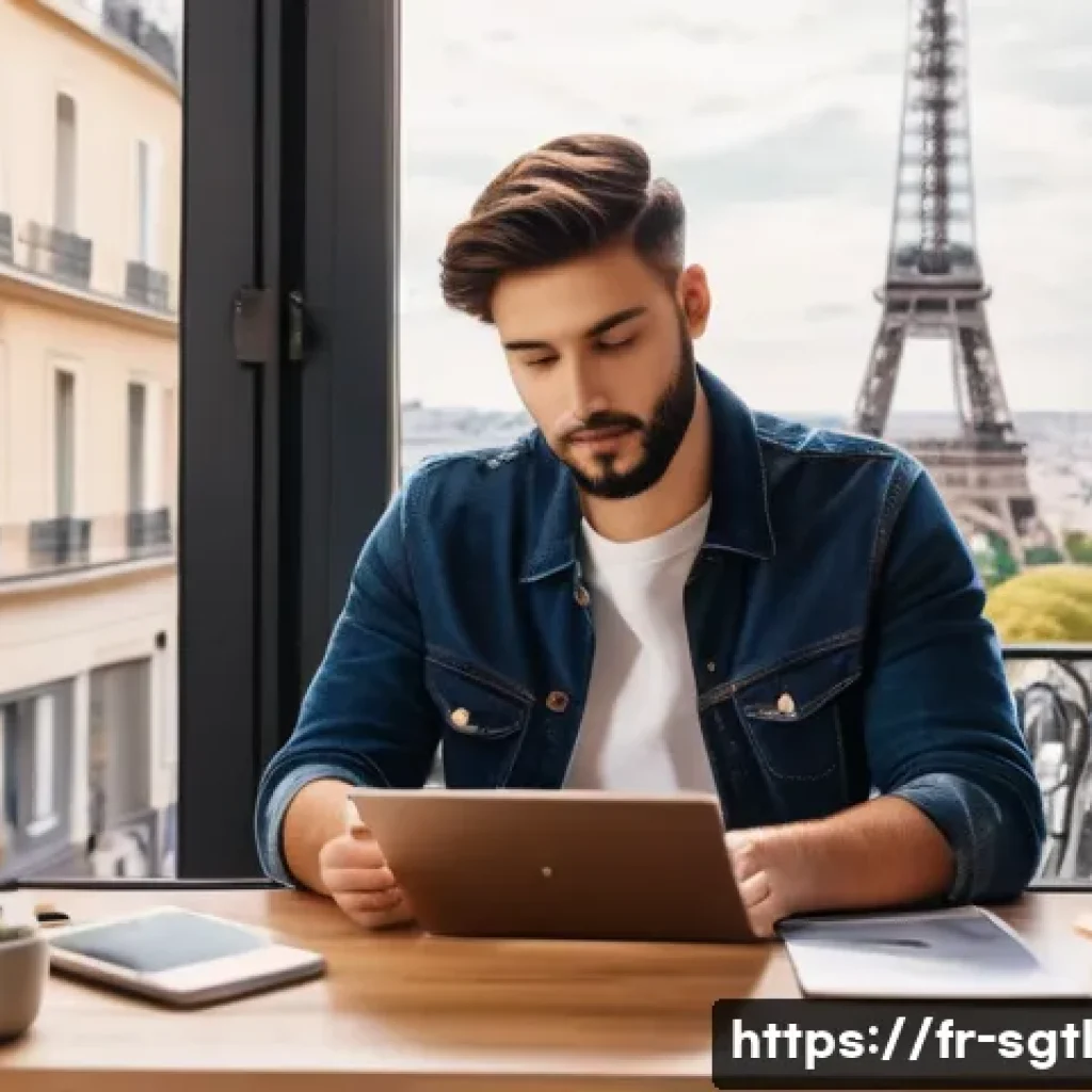 디지털 스토리의 비즈니스 기회 탐색 - A vibrant digital marketing workspace scene showing a young French content creator in casual, stylis...