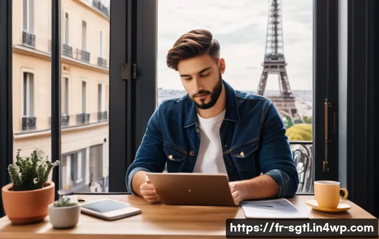 디지털 스토리의 비즈니스 기회 탐색 - A vibrant digital marketing workspace scene showing a young French content creator in casual, stylis...