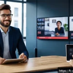 Home 19 디지털 스토리의 성격과 장르 분석하기 - A professional digital storyteller presenting a multimedia campaign in a modern office setting, surr...