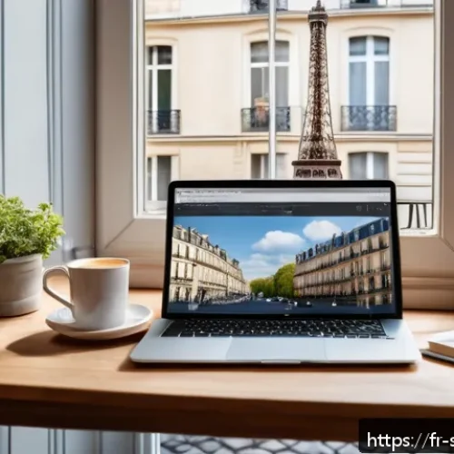 Home 30 디지털 스토리의 적합한 플랫폼 선택하기 - A modern French blogger’s cozy home office scene with a laptop displaying a detailed blog post, surr...