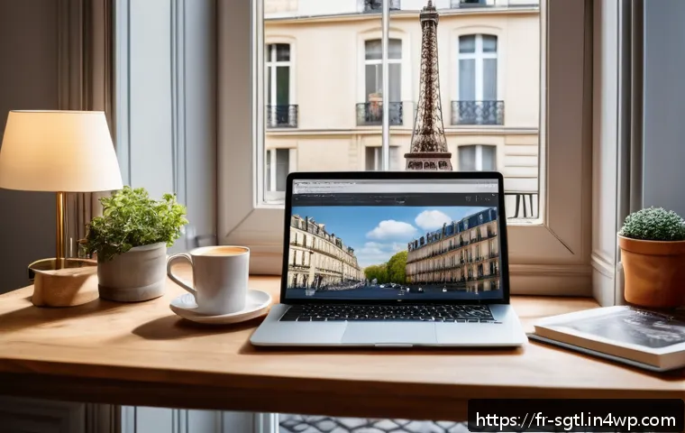 디지털 스토리의 적합한 플랫폼 선택하기 - A modern French blogger&rsquo;s cozy home office scene with a laptop displaying a detailed blog post, surr...