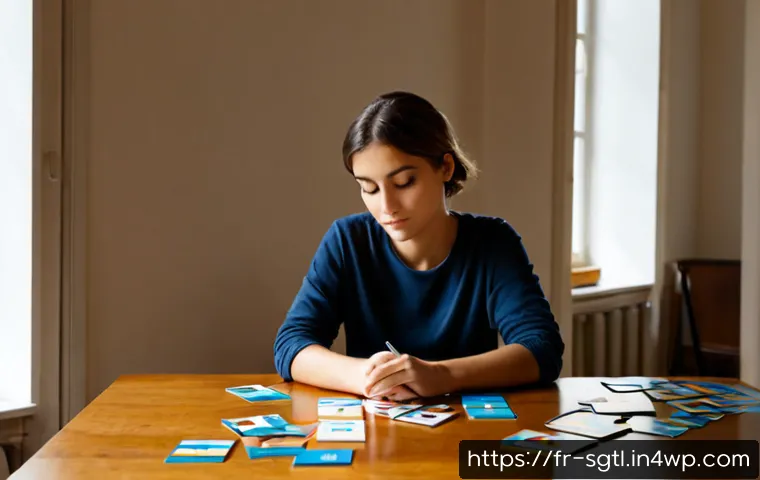 Home 17 디지털 스토리 구조화의 심리적 요소 - Photorealistic French creative professional in a calm Paris apartment workspace, arranging blank pho...